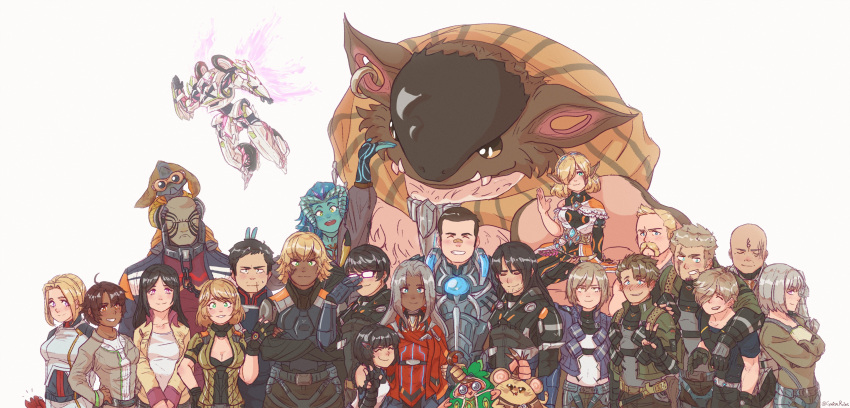 6+boys 6+girls :d absurdres alexa_(xenoblade_x) alien aurora_(cynicalruins) black_hair blonde_hair boze_lowes breasts brown_hair celica_(xenoblade_x) cleavage dark_skin doug_barrett eleonora_(xenoblade_x) elma_(xenoblade_x) everyone facial_mark forehead_mark frye_christoph green_eyes grey_hair group_picture gwin_evans h.b._(xenoblade_x) highres hope_alanzi irina_akulov l'cirufe lao_huang lin_lee_koo long_hair ma'non_(xenoblade) mecha mia_(xenoblade_x) multiple_boys multiple_girls murderess_(xenoblade_x) nagi_kentarou nopon open_mouth orange_eyes phog_christoph professor_b_(xenoblade_x) purple_eyes robot rock_(xenoblade_x) scarf scarf_over_mouth simple_background skell_(xenoblade_x) smile tatsu_(xenoblade_x) tora_(xenoblade_x) upper_body vandham_(xenoblade_x) veven_(xenoblade_x) white_background xenoblade_chronicles_(series) xenoblade_chronicles_x yelv