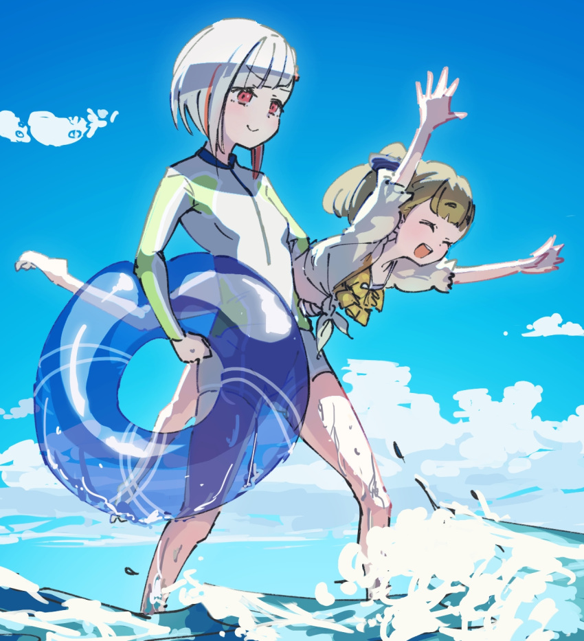 >:) 2girls :d ^_^ arms_up barefoot bikini black_ribbon blue_sky blunt_bangs bob_cut brown_hair carrying carrying_person carrying_under_arm center-flap_bangs closed_eyes closed_mouth cloud commentary_request diagonal_bangs frilled_bikini frills grey_hair hair_ribbon highres holding holding_swim_ring innertube inverted_bob kachimachi_kosuzu lao_ren_xing link!_like!_love_live! long_sleeves love_live! multicolored_hair multiple_girls official_alternate_costume open_mouth outstretched_arms ponytail puffy_short_sleeves puffy_sleeves red_eyes red_hair ribbon shirt short_hair short_sleeves sky smile springsuit standing streaked_hair swim_ring swimsuit teeth tied_shirt transparent_innertube upper_teeth_only v-shaped_eyebrows virtual_youtuber wading waves wet yellow_bikini yugiri_tsuzuri