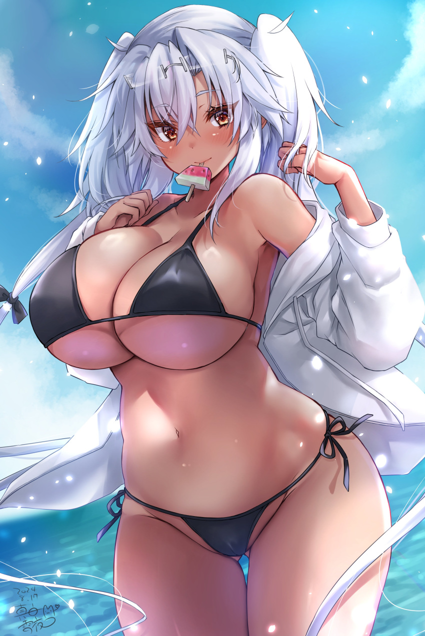 absurdres beach bikini black_bikini blush breasts dark-skinned_female dark_skin dated day eating eyewear_on_head female food glasses grey-framed_eyewear hair_between_eyes highres holding holding_food holding_popsicle kantai_collection large_breasts long_hair long_sleeves mashiro_yukiya musashi_(kancolle) ocean open_clothes open_shirt popsicle rectangular_eyewear red_eyes shirt signature solo swimsuit twintails water watermelon_bar white_shirt