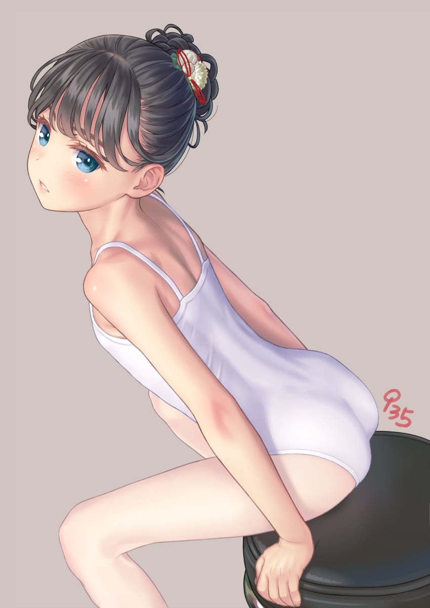 absurdres aoi_kumiko ass athletic_leotard ballerina black_hair blue_eyes blush braid braided_bun breasts female hair_bun highres leotard long_hair looking_at_viewer looking_back original pantyhose sitting small_breasts solo spread_legs stool thighs white_leotard white_pantyhose