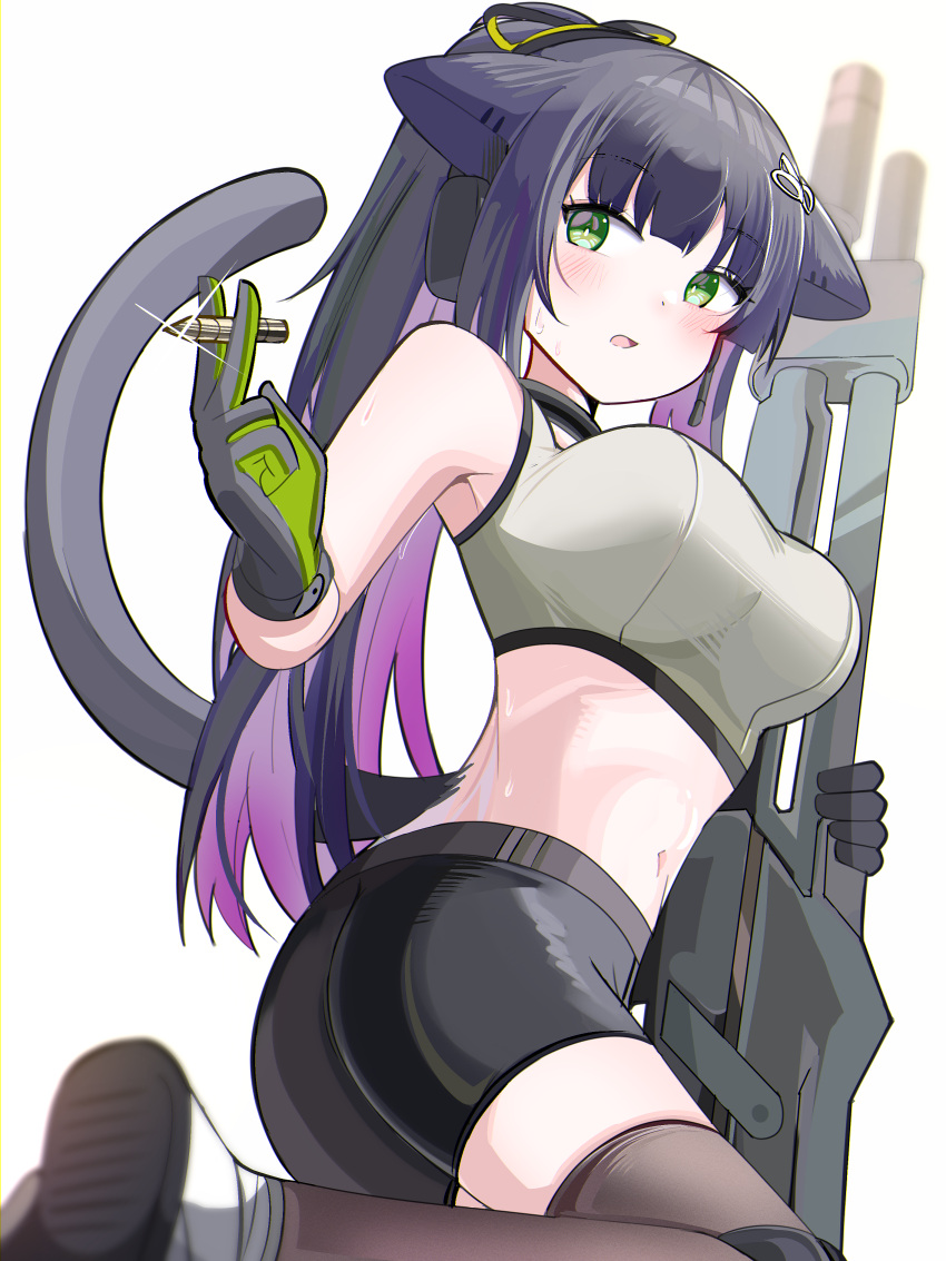 absurdres animal_ears arknights ass bad_arm bare_shoulders between_fingers black_gloves black_hair black_shorts breasts brown_thighhighs bullet cat_ears cat_girl cat_tail female gloves green_eyes green_gloves gun highres holding holding_gun holding_weapon jessica_(arknights) jessica_the_liberated_(arknights) large_breasts long_hair looking_at_viewer multicolored_hair navel parted_lips ponytail purple_hair shoe_soles shoes shorts simple_background solo spam_(spamham4506) sweat tail thighhighs twisted_torso two-tone_hair very_long_hair weapon weapon_request white_background white_footwear