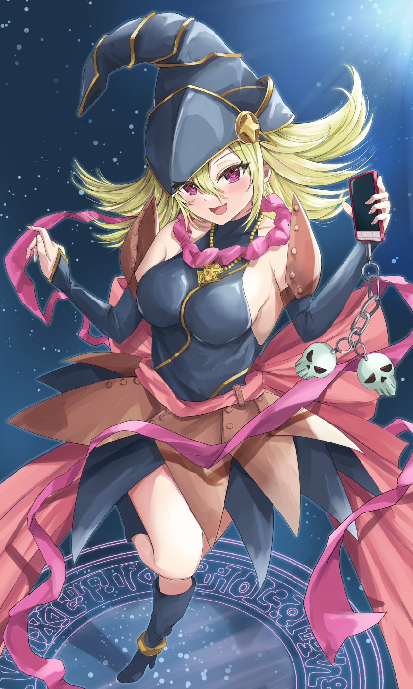 absurdres bare_shoulders black_dress black_footwear black_hair blonde_hair blush boots breasts cellphone dress duel_monster female full_body gagaga_girl highres holding holding_phone large_breasts long_hair misakura_aoi phone purple_eyes smartphone solo standing standing_on_one_leg yu-gi-oh!