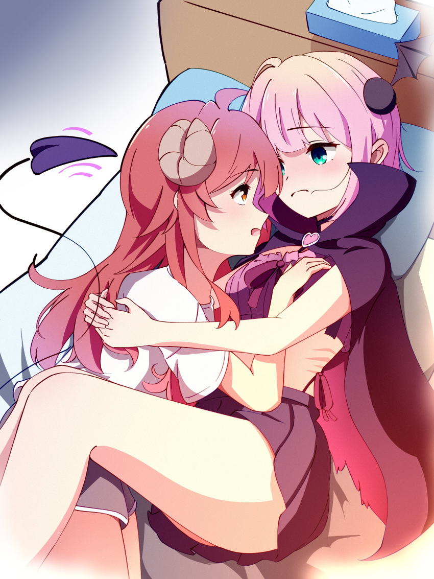 2girls absurdres bare_legs black_cape black_skirt blue_eyes cape chiyoda_momo closed_mouth commentary_request cuddling demon_tail eye_contact hand_on_another's_chest hands_on_another's_back heart highres horns karabina long_hair looking_at_another machikado_mazoku motion_lines multiple_girls open_mouth pillow pink_hair pleated_skirt red_eyes red_hair scar scar_on_back shirt short_hair short_sleeves skirt tail tissue_box white_shirt yoshida_yuuko_(machikado_mazoku) yuri