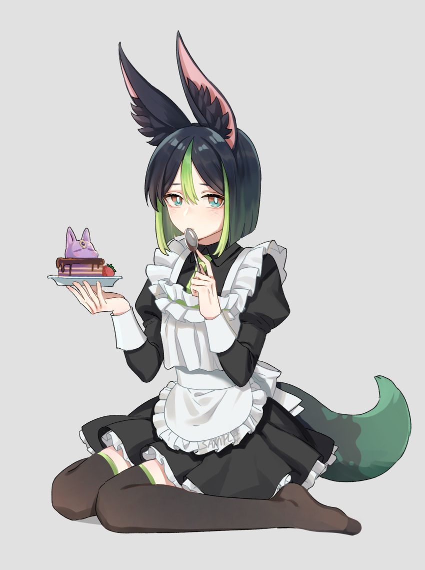 1boy absurdres alternate_costume apron bishounen black_dress black_thighhighs cake crossdressing double-parted_bangs dress enmaided food food_with_face fox_boy frilled_apron frills fruit full_body genshin_impact green_tail grey_background hair_between_eyes hands_up highres holding holding_plate holding_spoon juliet_sleeves limoli_lian long_sleeves maid male_focus plate puffy_sleeves sample_watermark simple_background sitting sleeve_cuffs solo spoon strawberry thighhighs tighnari_(genshin_impact) two-tone_tail wariza watermark white_apron