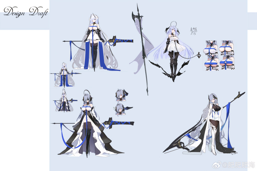 absurdres alsace_(azur_lane) armored_boots azur_lane bad_id bad_twitter_id bare_shoulders black_footwear black_gauntlets black_tiara black_wings blue_eyes blue_hair boots breast_strap breasts concept_art cross dress embarrassed facing_viewer feifeifeihai female full_body gauntlets head_wings highres large_breasts logo long_hair masked multiple_views parted_bangs rigging short_dress tiara turret very_long_hair white_dress wings