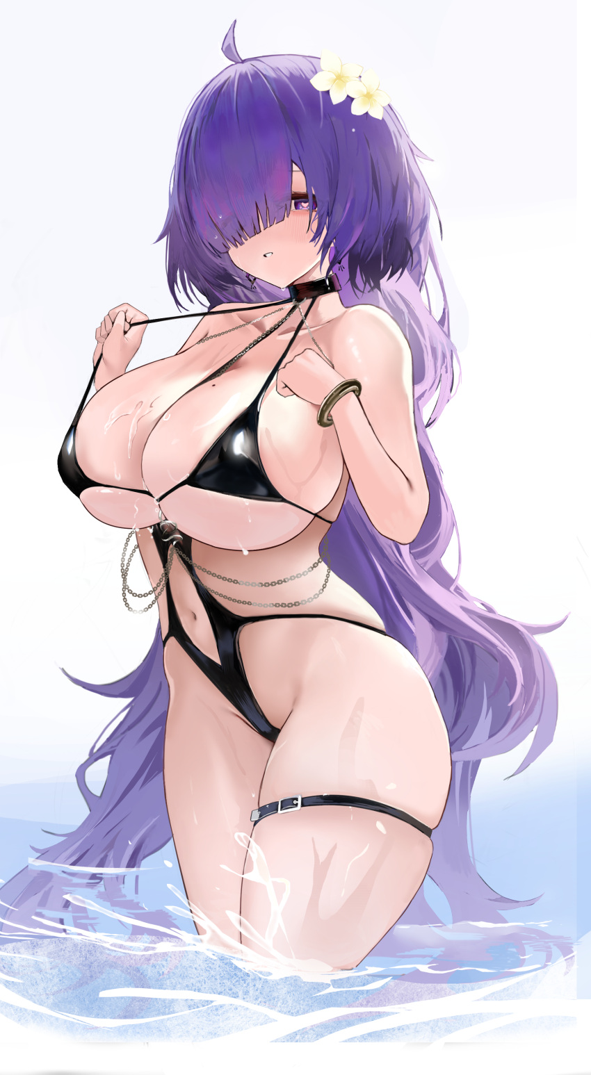 absurdres azur_lane bare_shoulders black_one-piece_swimsuit blush breasts female flower hair_flower hair_ornament hair_over_one_eye heart heart-shaped_pupils highres huge_breasts karas_(10_9) long_hair looking_at_viewer mogador_(azur_lane) mogador_(locker_room_lechery)_(azur_lane) navel official_alternate_costume one-piece_swimsuit partially_submerged purple_eyes purple_hair sideboob skindentation solo swimsuit symbol-shaped_pupils thighs underboob very_long_hair wet white_background white_flower