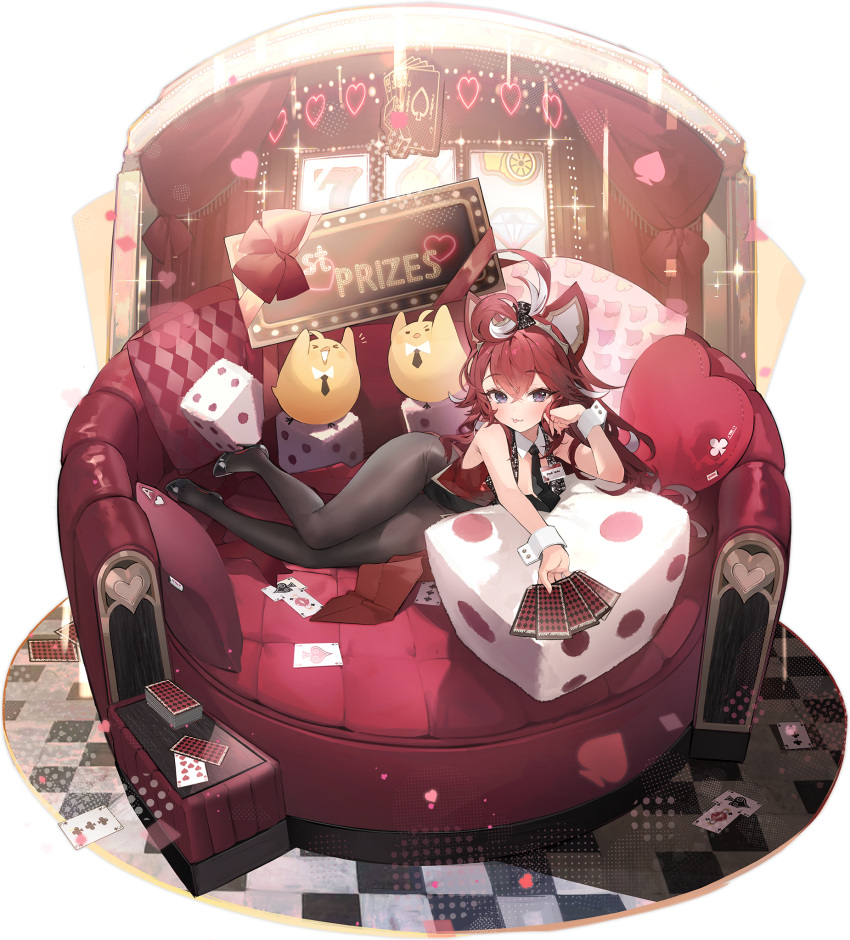 :p ace_(playing_card) ace_of_spades ahoge azur_lane bare_shoulders black_bow black_footwear black_leotard black_necktie black_pantyhose bow card couch female fleuret_(azur_lane) fleuret_(up_all_knight_to_get_lucky)_(azur_lane) full_body hair_between_eyes hairbow highres holding holding_card jacket leotard long_hair looking_at_viewer lying manjuu_(azur_lane) namyo necktie nine_of_hearts non-web_source official_alternate_costume official_art on_couch on_side pantyhose playboy_bunny playing_card purple_eyes queen_(playing_card) queen_of_clubs red_hair red_jacket sleeveless sleeveless_jacket solo spade_(shape) three_of_clubs tongue tongue_out wrist_cuffs