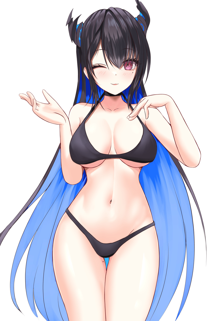 absurdres asymmetrical_horns bikini black_bikini black_hair blue_hair blush breasts closed_mouth collarbone colored_inner_hair cowboy_shot demon_horns female hands_up highres hololive hololive_english horns large_breasts long_hair looking_at_viewer mole mole_on_thigh mole_under_eye multicolored_hair navel nerissa_ravencroft one_eye_closed panpanmc4 red_eyes simple_background smile solo stomach swimsuit thigh_gap thighs two-tone_hair very_long_hair virtual_youtuber white_background