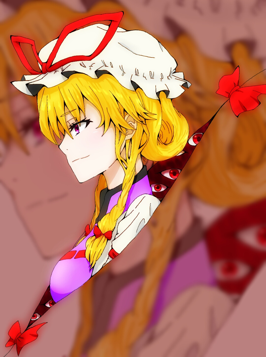 blonde_hair bow breasts cobalt commentary_request dress eyebrows eyelashes female gap_(touhou) hair_up hat hat_ribbon highres medium_breasts mob_cap neck nose profile purple_eyes red_eyes ribbon smile solo tabard touhou white_dress yakumo_yukari zoom_layer