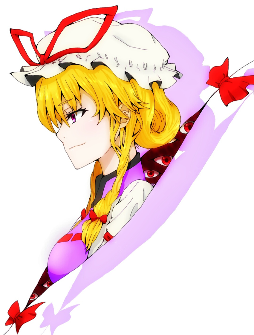 blonde_hair bow breasts cobalt commentary_request dress eyebrows eyelashes female gap_(touhou) hair_up hat hat_ribbon highres medium_breasts mob_cap neck nose profile purple_eyes red_eyes ribbon simple_background smile solo tabard touhou white_background white_dress yakumo_yukari