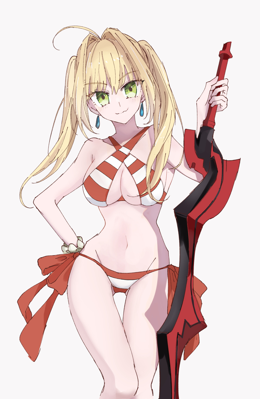 absurdres aestus_estus ahoge bare_shoulders bead_bracelet beads bikini blonde_hair bracelet breasts cleavage collarbone criss-cross_halter earrings fate/grand_order fate_(series) female green_eyes hair_intakes halterneck highres jewelry large_breasts long_hair looking_at_viewer navel nero_claudius_(fate) nero_claudius_(swimsuit_caster)_(fate) red_bikini smile solo striped_bikini striped_clothes swimsuit sword thighs twintails weapon yamamon_0