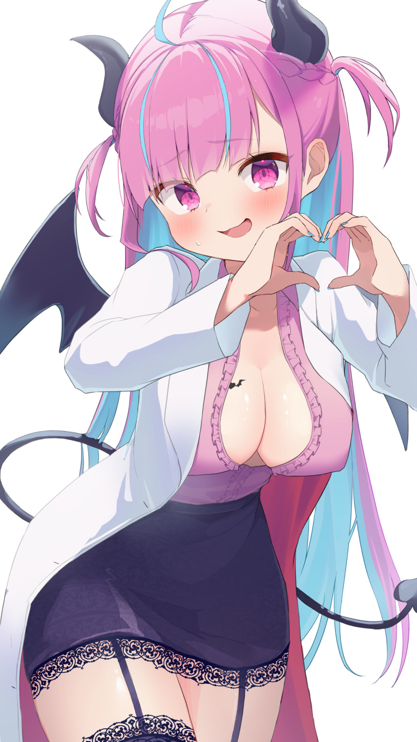 00s1g00 absurdres ahoge alternate_costume aqua_hair black_skirt black_thighhighs blush breasts cleavage coat collarbone cosplay demon_horns demon_tail demon_wings female heart heart_hands highres hololive horns large_breasts long_hair looking_at_viewer minato_aqua multicolored_hair open_mouth pink_eyes pink_hair simple_background skirt smile solo tail thighhighs thighs two-tone_hair virtual_youtuber white_background white_coat wings yuzuki_choco yuzuki_choco_(1st_costume) yuzuki_choco_(cosplay)