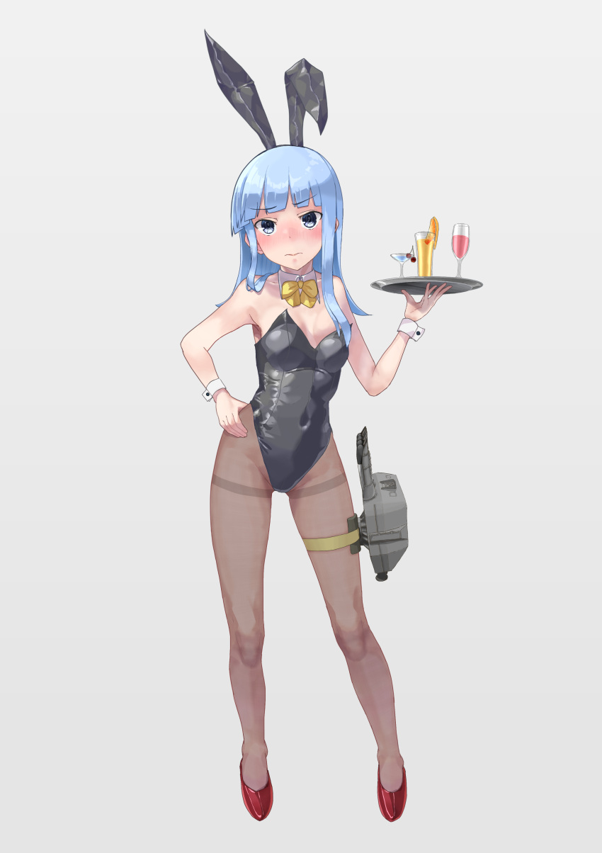 absurdres adapted_turret animal_ears black_leotard black_pantyhose blue_eyes blue_hair bow bowtie breasts cannon covered_navel cup detached_collar drink drinking_glass fake_animal_ears female full_body grey_background hand_on_own_hip hatsukaze_(kancolle) high_heels highleg highleg_leotard highres kantai_collection leotard long_hair looking_at_viewer pantyhose playboy_bunny rabbit_ears red_footwear simple_background small_breasts solo strapless strapless_leotard thighband_pantyhose tray turret wrist_cuffs yellow_bow yellow_bowtie yuushou