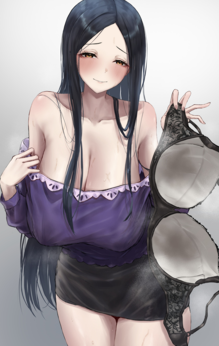 absurdres bare_shoulders black_bra black_hair black_skirt blush bra breasts cleavage collarbone female half-closed_eyes highres hiiragi_shino holding holding_bra holding_underwear holding_unworn_clothes huge_breasts idolmaster idolmaster_cinderella_girls leaning_forward long_hair looking_at_viewer off-shoulder_shirt off_shoulder parted_bangs purple_shirt shirt simple_background skirt smile solo steaming_body straight_hair sweat torishu_(kumataka_4867) underwear unworn_bra very_long_hair