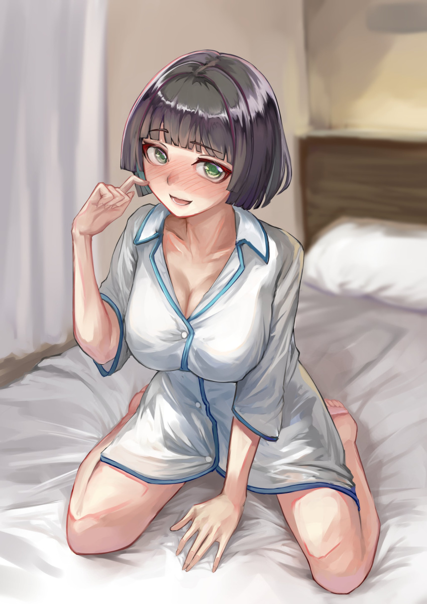 absurdres barefoot between_legs black_hair blurry bob_cut breasts cleavage collarbone commission curtains depth_of_field feet female full_body green_eyes hand_between_legs highres kyoumachi_seika looking_at_viewer on_bed open_mouth pillow shiroice shirt short_hair sitting skeb_commission soles solo toes voiceroid wariza white_shirt