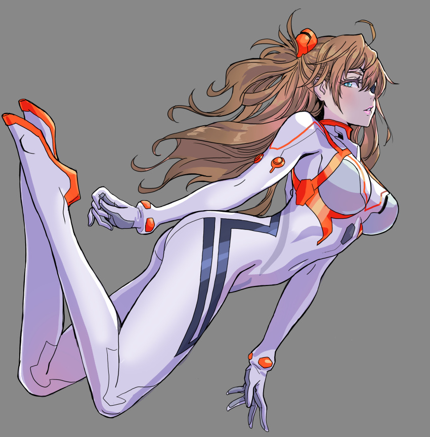 absurdres blue_eyes breasts brown_hair evangelion:_3.0+1.0_thrice_upon_a_time eyepatch female floating_hair full_body gloves highres long_hair neon_genesis_evangelion parted_lips plugsuit rebuild_of_evangelion simple_background solo souryuu_asuka_langley white_hair yamashita_shun'ya