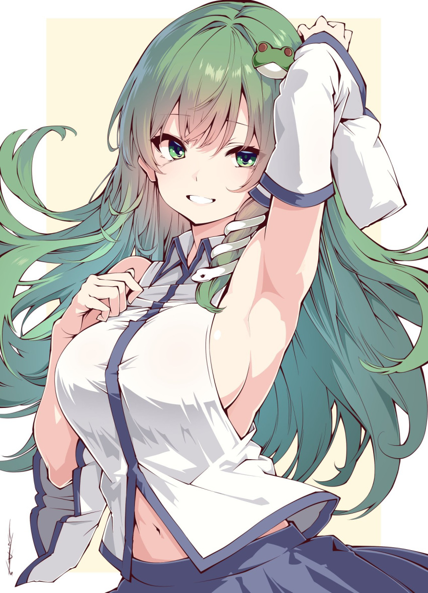 armpits detached_sleeves female green_eyes green_hair highres kochiya_sanae long_hair midriff navel nontraditional_miko sakakiba_misogi smile solo touhou