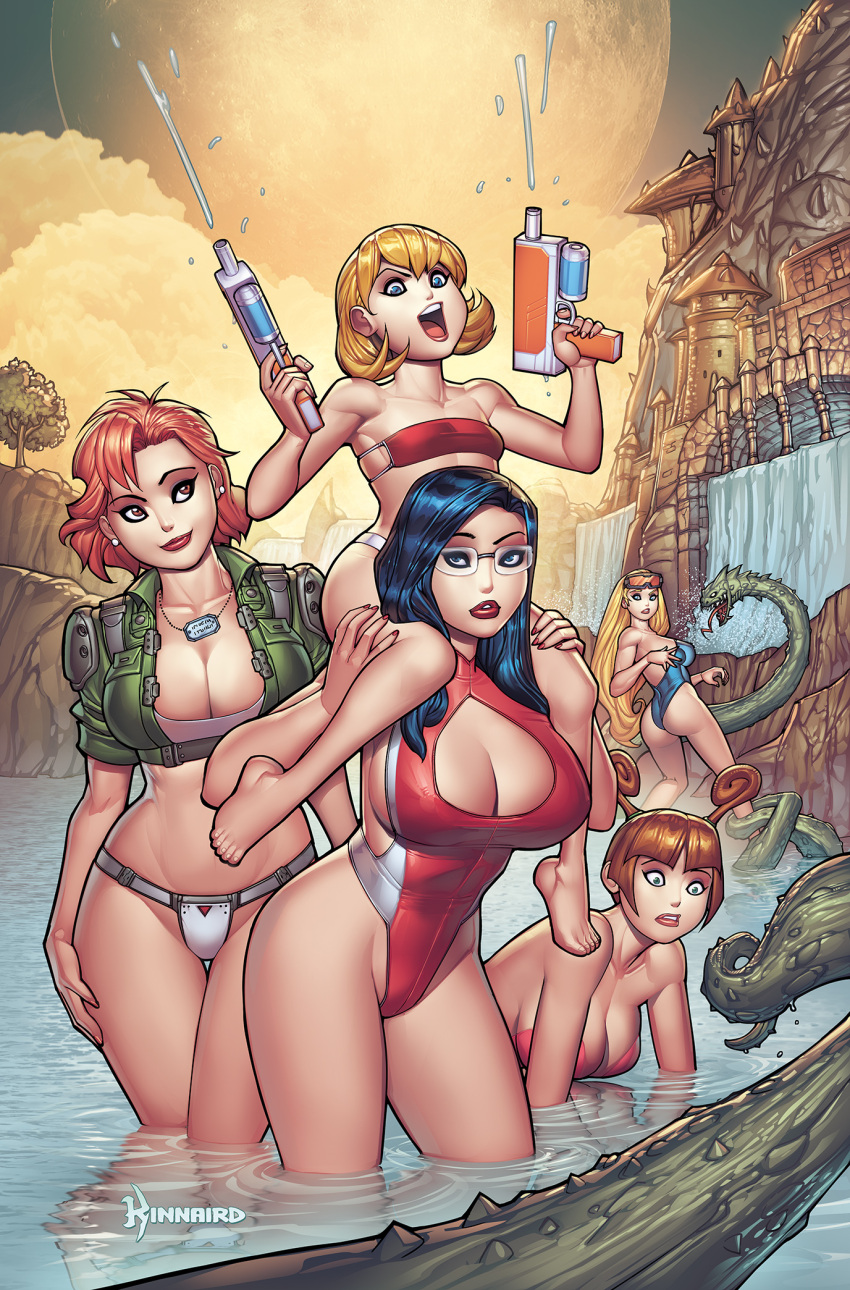 5girls bikini black_hair blonde_hair breasts brown_hair bulleta cammy_white capcom character_request cleavage_cutout clothing_cutout commentary company_connection darkstalkers dog_tags english_commentary goggles goggles_on_head highres holding holding_water_gun huge_breasts june_lin_milliam justice_gakuen minazuki_kyouko multiple_girls official_alternate_costume one-piece_swimsuit partially_submerged ryan_kinnaird small_breasts star_gladiator street_fighter street_fighter_v swimsuit thighs tree water_gun