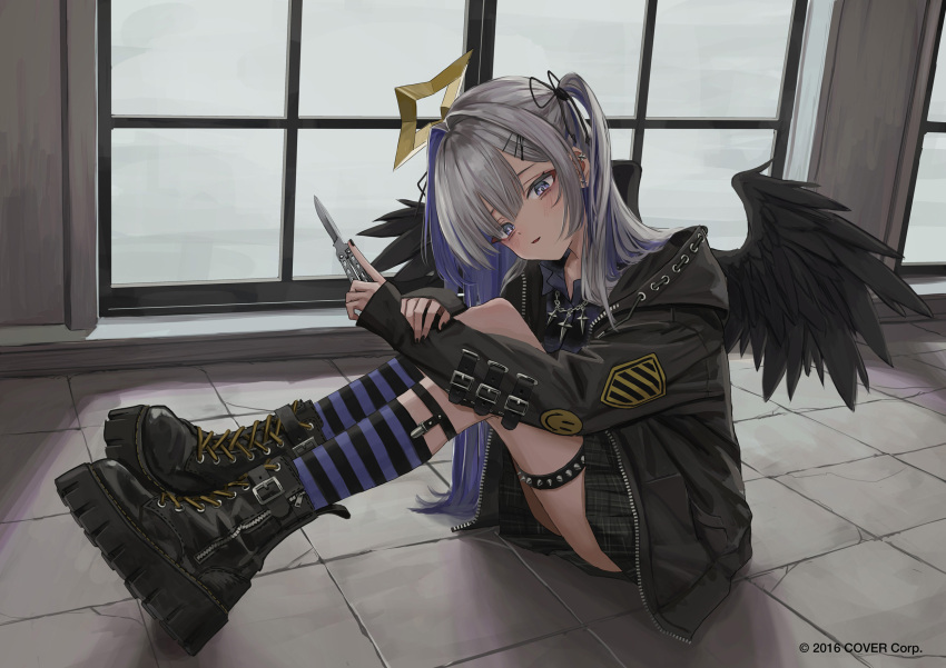 alternate_costume alternate_hairstyle amane_kanata balisong black_footwear black_jacket black_skirt black_thighhighs black_wings boots collared_shirt colored_inner_hair feathered_wings female gishiki_(gshk) halo highres holding holding_knife hololive hood hood_down hooded_jacket jacket jewelry knife long_hair multicolored_hair one_side_up parted_lips purple_eyes purple_hair purple_shirt purple_thighhighs shirt skirt solo spiked_thighlet star_halo striped_clothes striped_thighhighs thighhighs thighlet white_hair wings