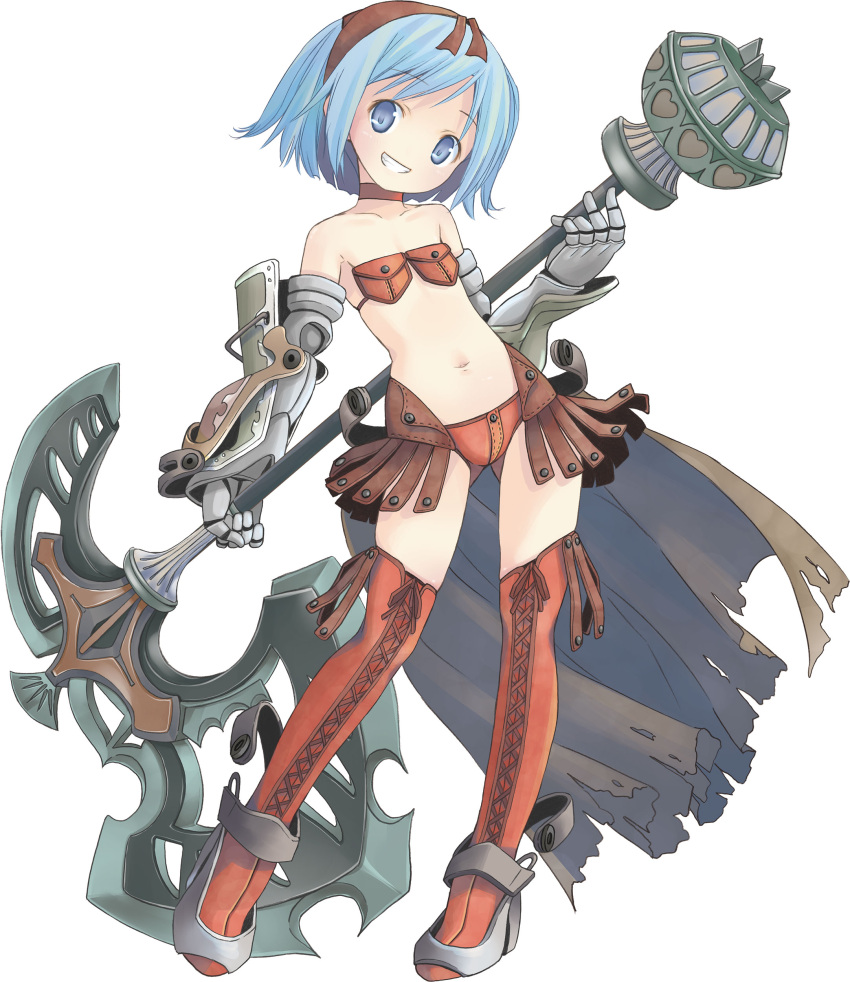 absurdres armor axe battle_axe bikini_armor blue_eyes blue_hair boots breast_pocket choker commentary_request cross-laced_footwear female full_body gauntlets grin hairband heart highres leather_bikini looking_at_viewer moetan navel nijihara_ink pastel_ink pocket pop_(electromagneticwave) red_choker red_hairband short_hair simple_background smile solo standing stomach teeth thigh_boots weapon white_background