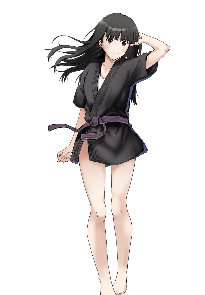 amagami ayatsuji_tsukasa barefoot belt black_eyes black_hair black_kimono clenched_hand closed_mouth commentary female gyuunyuu_pack_(tanaka) hand_in_own_hair hand_up highres japanese_clothes judo kimono legs long_hair looking_at_viewer purple_belt short_kimono short_sleeves simple_background solo standing straight_hair white_background