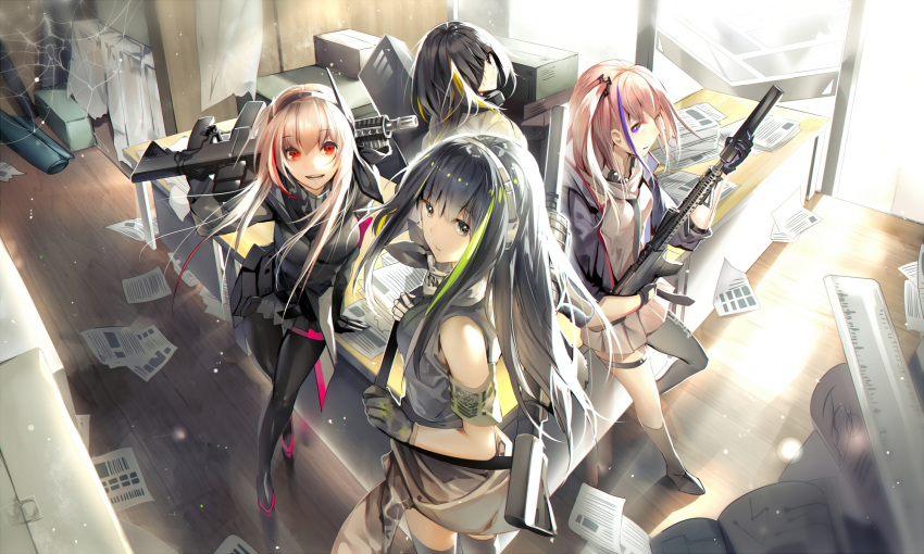 4girls anti-rain_(girls'_frontline) ar-15 arm_behind_head armband assault_rifle asymmetrical_legwear bad_id bad_pixiv_id beige_jacket black_eyes black_footwear black_gloves black_hair black_jacket black_pantyhose black_skirt blonde_hair blue_eyes blue_hair blue_jacket boots box braid braided_ponytail brown_eyes brown_hair cabinet clothes_around_waist collar commentary_request crossed_legs desk dress expressionless eyepatch girls'_frontline gloves green_hair green_sweater gun hair_ornament happy head_tilt headgear headphones highres holding holding_behind_back holding_weapon jacket jacket_around_waist kneehighs leaning_to_the_side long_hair looking_at_viewer looking_back m16a1_(girls'_frontline) m4_carbine m4_sopmod_ii m4_sopmod_ii_(girls'_frontline) m4a1_(girls'_frontline) mask measuring_stick messy_room miniskirt multicolored_hair multiple_girls office on_floor one_side_up open_clothes open_jacket over_shoulder pantyhose paper paperwork particle_cannon_case phino pink_dress pink_footwear pink_hair ponytail red_eyes red_hair rifle scarf shirt short_dress side_ponytail sidelocks silk sitting skirt skull skull_mask skull_print sleeveless sleeveless_sweater smile socks spider_web st_ar-15_(girls'_frontline) standing streaked_hair suppressor sweater teeth thighhighs tongue uneven_legwear weapon window yellow_shirt