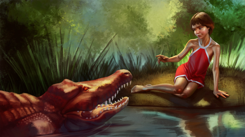 16:9 2021 alisa_seleznyova_(character) alisa_seleznyova_(series) ambiguous_gender asher_(artist) barefoot blue_eyes blush brown_hair clothing crocodile crocodilian crocodylid day detailed detailed_background digital_media_(artwork) digital_painting_(artwork) dress dress_only duo eye_contact fangs feet feral forest forest_background glistening grass guest_from_the_future hair hi_res human legs_together long_snout looking_at_another mammal nails nature nature_background open_mouth orange_eyes outside partially_submerged plant plantigrade pupils red_body red_clothing red_dress red_scales red_sclera reflection reptile ripples scales scalie short_hair sitting slit_pupils smile snout swimming tall_grass teeth toenails toes tree water water_reflection widescreen young