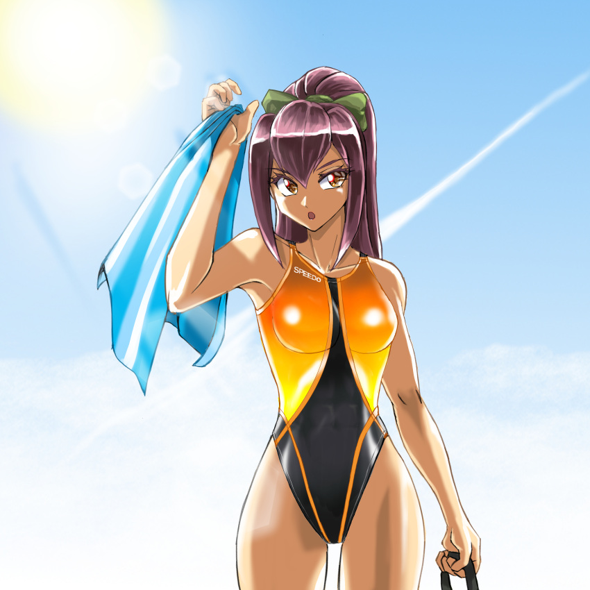 absurdres blue_sky cloud commentary_request competition_swimsuit contrail cowboy_shot dark-skinned_female dark_skin female highleg highleg_swimsuit highres ibuki_imina juuta-rou long_hair looking_at_viewer multicolored_clothes multicolored_swimsuit one-piece_swimsuit ponytail purple_hair school_girl_strikers sky solo sun swimsuit towel yellow_eyes