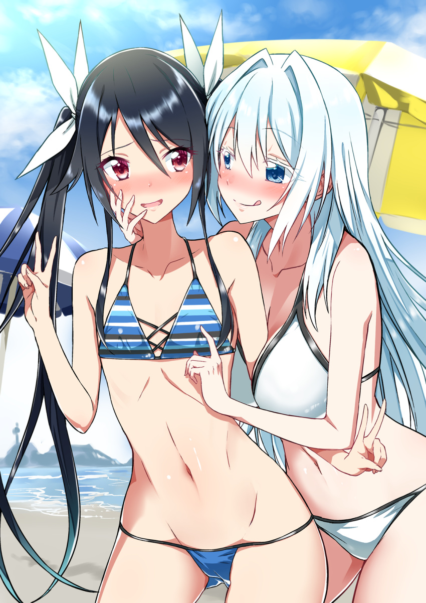 2girls :q beach bikini black_hair blue_bikini blue_eyes blue_sky blush breasts closed_mouth cloud commentary_request day double_v flat_chest hair_ribbon highres large_breasts long_hair multiple_girls navel ocean open_mouth ore_twintail_ni_narimasu outdoors parasol red_eyes ribbon sky smile swimsuit tongue tongue_out tsube_aika twintails twoearle umbrella v white_bikini white_hair white_ribbon yuri yuto_(dialique)