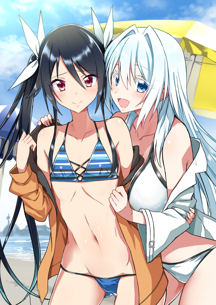 2girls :d beach bikini black_hair blue_bikini blue_eyes blue_sky breasts closed_mouth cloud commentary_request day flat_chest hair_ribbon highres large_breasts long_hair looking_at_viewer multiple_girls navel ocean open_mouth ore_twintail_ni_narimasu outdoors parasol red_eyes ribbon sky smile swimsuit tsube_aika twintails twoearle umbrella white_bikini white_hair white_ribbon yuto_(dialique)