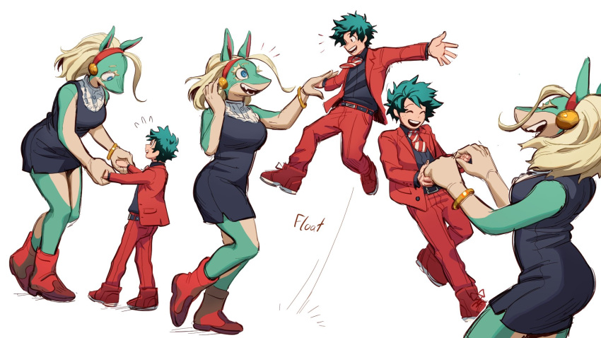 16:9 2023 anthro belt blonde_hair boots bottomwear bracelet breasts canid canine closed_eyes clothed clothing dancing digital_media_(artwork) dress duo female footwear fox hair head_accessory hi_res human ippan_josei izuku_midoriya jewelry lupin_fanart male mammal my_hero_academia necktie pants suit widescreen