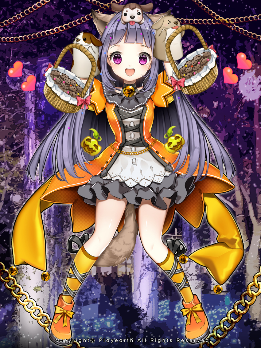 :p animal_ears bad_id bad_pixiv_id basket bell blue_hair bow chains choker cookie dog_ears dress female food full_body halloween halloween_bucket halloween_costume hand_puppet happy heart highres jack-o'-lantern kaizin_rumble long_hair looking_at_viewer official_art open_mouth orange_bow orange_dress orange_footwear orange_legwear primcoco pumpkin puppet purple_eyes ribbon solo tail tongue tongue_out