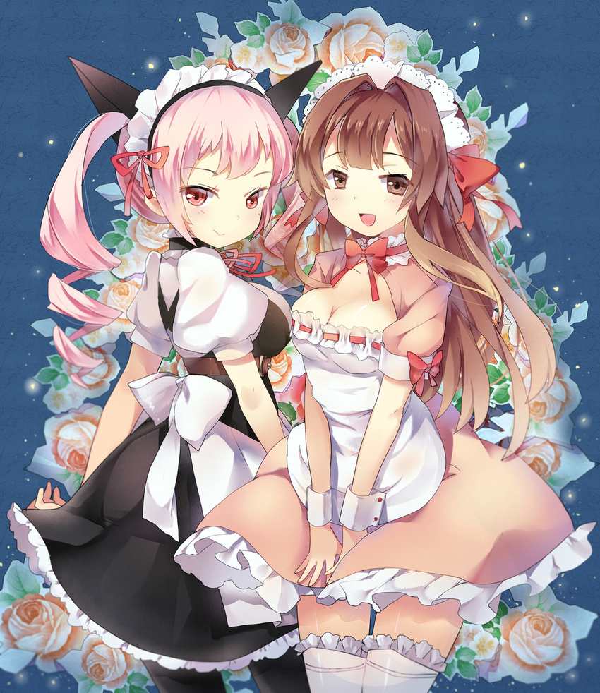 2girls akiha_rumiho alternate_costume apron black_dress black_hair blue_background breasts brown_eyes brown_hair choker cleavage commentary_request crossover dress drill_hair enmaided flower highres large_breasts long_hair looking_at_viewer maid maid_headdress momoi_haruko multiple_girls open_mouth pantyhose photoshop_(medium) pink_dress pink_eyes pink_flower pink_hair pink_rose ribbon_choker rose seto_no_hanayome seto_sun sheska_xue smile steins;gate thighhighs twin_drills twintails v_arms very_long_hair voice_actor_connection waist_apron white_background wrist_cuffs zettai_ryouiki