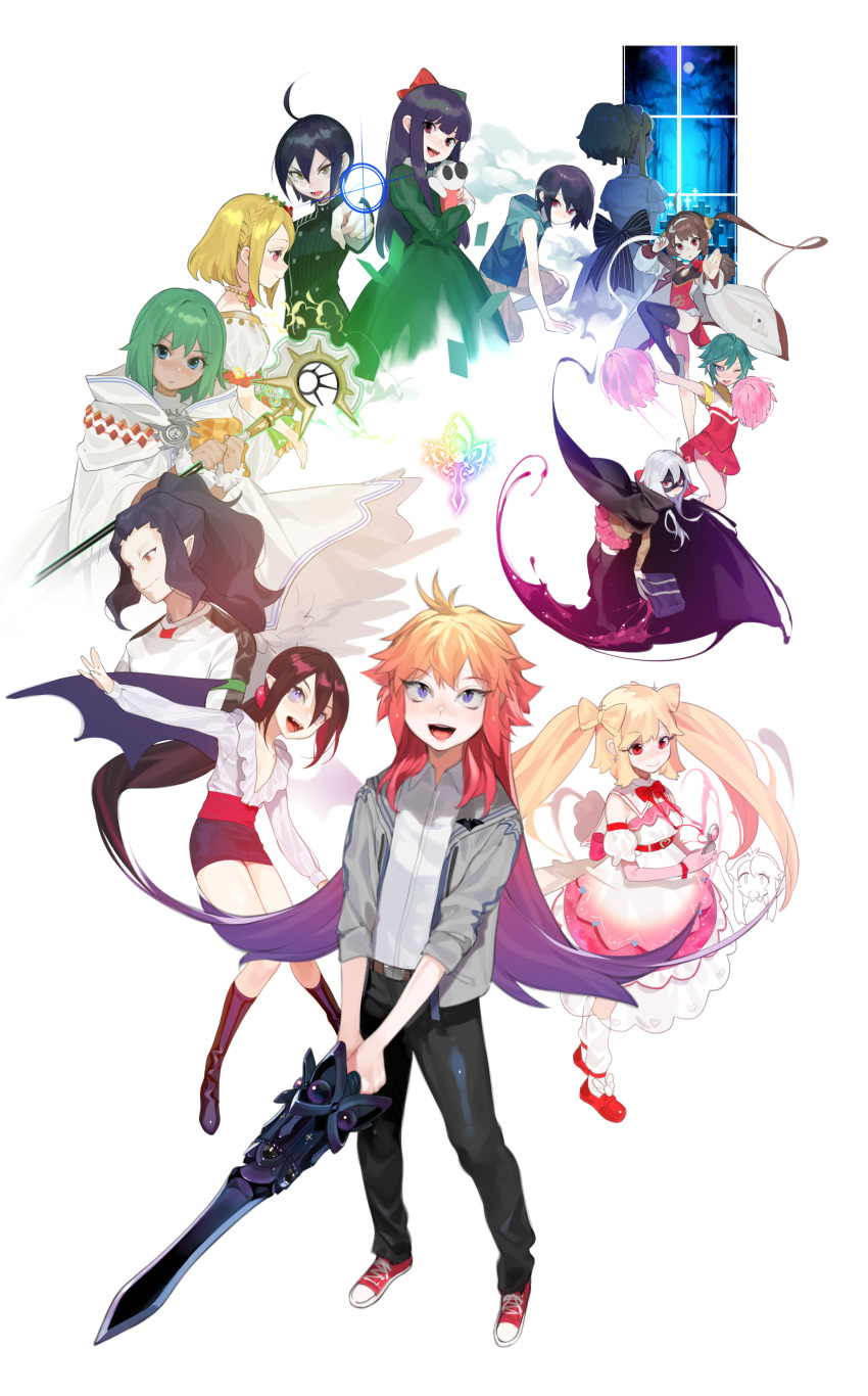 3boys 6+girls :d absurdres ahoge androgynous azur_lane bad_id bad_pixiv_id black_footwear black_hair blonde_hair blouse blue_eyes boots bow bow-shaped_hair brown_hair cape character_request china_dress chinese_clothes closed_mouth crossover danganronpa_(series) danganronpa_v3:_killing_harmony dragon_shadow_spell dress elisabeth_von_wettin fighting_stance gaiko_(pripara) genderswap_(mtf) gradient_hair green_dress green_hair grin hair_between_eyes herme_(ohisashiburi) highres holding holding_sword holding_weapon idol_time_pripara jefforty_tote lady_bat long_hair looking_at_viewer maerchen_(sound_horizon) mask mermaid_melody_pichi_pichi_pitch multicolored_hair multiple_boys multiple_crossover multiple_girls ohisashiburi open_mouth original otoko_no_ko pants parted_lips pencil_skirt ping_hai_(azur_lane) pointy_ears pom_pom_(cheerleading) ponytail pretty_series pripara purple_hair red_bow red_eyes red_footwear robe rule_63 saihara_shuichi sash shirt shoes skirt smile sound_horizon standing sword thighhighs twintails two-handed two-tone_hair very_long_hair weapon white_dress white_hair wings yellow_bow yellow_eyes