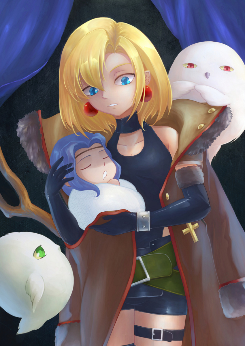 2girls artemis_(junketsu_no_maria) artemis_(junketsu_no_maria)_(bird) artoria_(3001005) baby bird black_gloves blonde_hair blue_eyes blue_hair circlet closed_eyes coat commentary_request cross earrings elbow_gloves ezekiel_(junketsu_no_maria) gloves highres jewelry junketsu_no_maria maria_(junketsu_no_maria) multiple_girls open_clothes open_coat owl priapus_(junketsu_no_maria) priapus_(junketsu_no_maria)_(bird) short_hair shorts thigh_strap