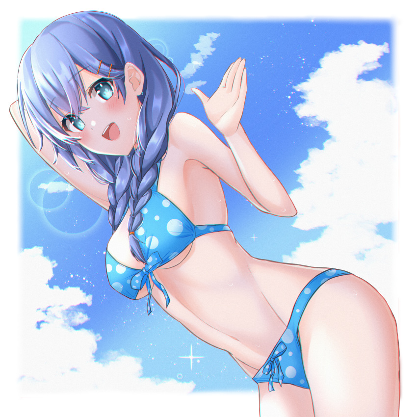 absurdres bikini blue_bikini blue_eyes blue_hair blue_sky braid breasts cleavage cloud commentary_request cowboy_shot day female girlfriend_(kari) hair_ornament hairclip highres long_hair looking_at_viewer medium_breasts murakami_fumio navel polka_dot polka_dot_bikini sky slope_(check238) solo swimsuit twin_braids white_background