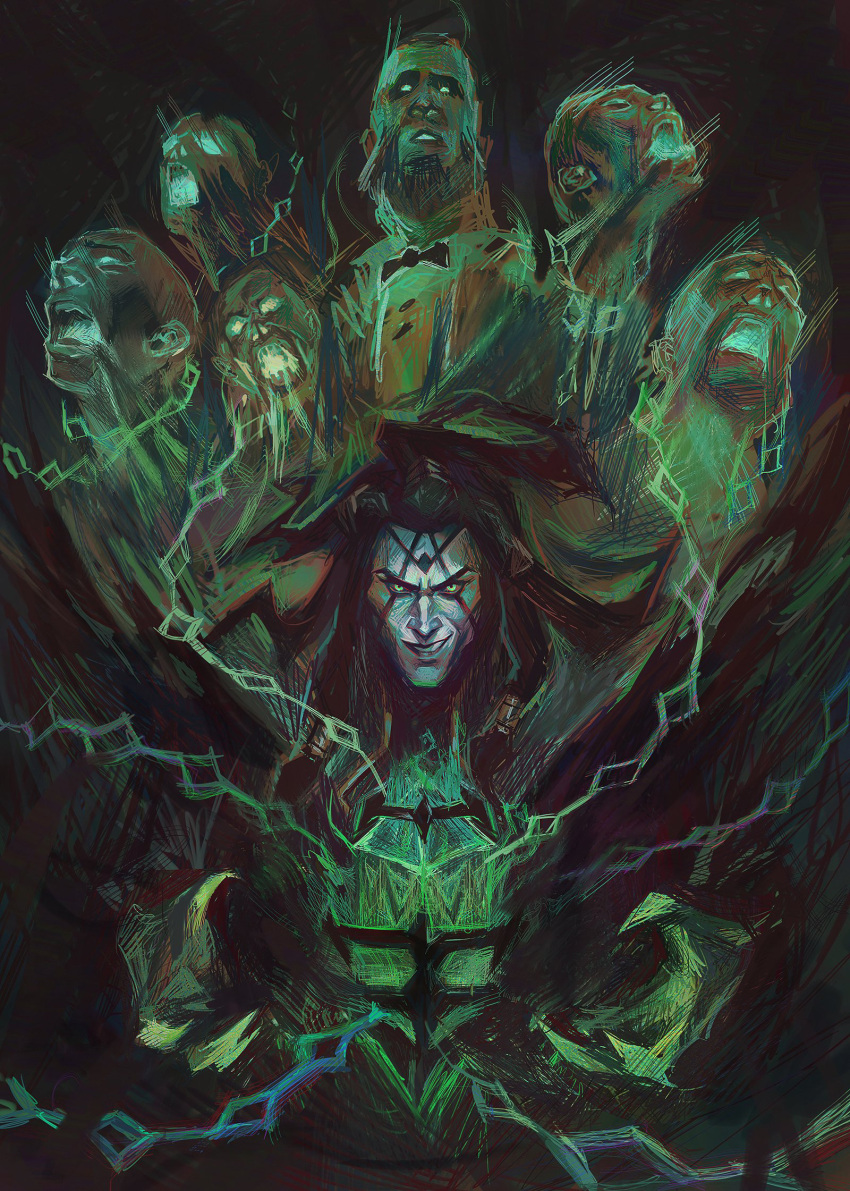 6+boys black_background black_hair bow bowtie chains facial_tattoo ghost glowing green_background green_eyes grin highres lamp league_of_legends long_hair looking_at_viewer male_focus multiple_boys smile solo_focus tattoo teeth thresh_(league_of_legends) unbound_thresh upper_body zoe_(crownsforkings)