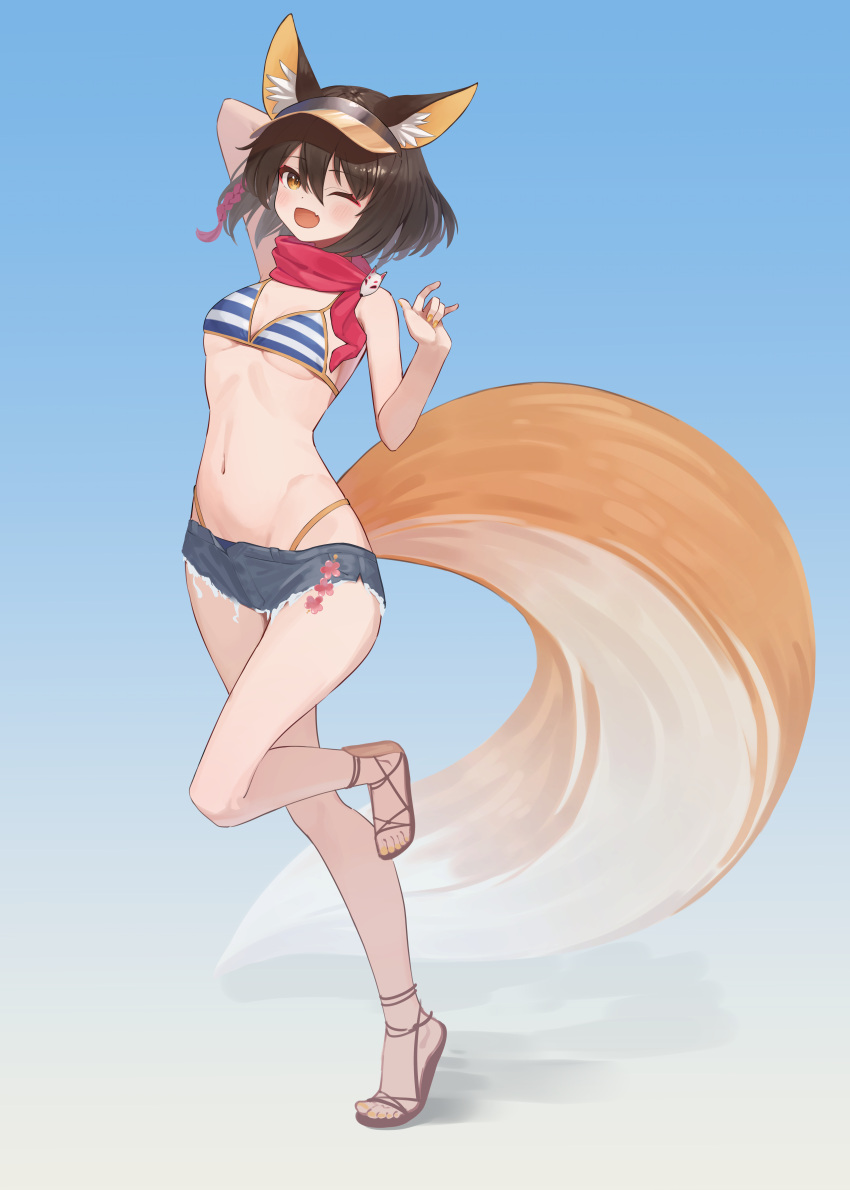 ;d absurdres animal_ear_fluff animal_ears arm_behind_back arm_up bikini bikini_top_only bikini_under_clothes black_bikini blue_archive blue_background blue_shorts blue_skirt breasts brown_hair denim denim_shorts eyeshadow feet female fox_ears fox_girl fox_shadow_puppet fox_tail full_body groin highres izuna_(blue_archive) izuna_(swimsuit)_(blue_archive) knee_up legs looking_at_viewer luca_(star_gladiator) makeup midriff nail_polish navel official_alternate_costume one_eye_closed open_mouth orange_nails red_eyeshadow red_scarf sandals scarf short_hair short_shorts shorts skirt sl10_d small_breasts smile solo standing standing_on_one_leg stomach striped_bikini striped_clothes swimsuit tail toes underboob visor_cap yellow_eyes