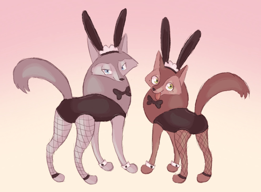 ass bedroom_eyes bow_(feature) bow_in_front bow_tie breath bunny_costume canid canine canis cartoon_saloon clothed clothed_feral clothing conditional_dnp costume duo fake_ears fake_rabbit_ears female feral fishnet_clothing hi_res labbit_(artist) lingerie lingerie_on_feral looking_at_viewer mammal mebh_og_mactire narrowed_eyes panting playboy_bunny presenting presenting_hindquarters robyn_goodfellowe seductive wolf wolfwalkers