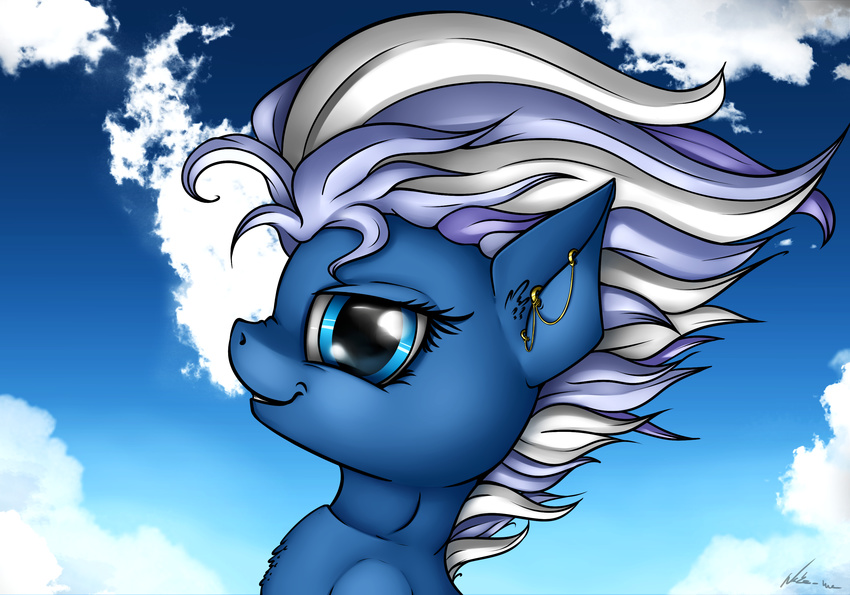 2015 blue_body blue_eyes blue_fur bust_portrait ear_piercing equid female friendship_is_magic fur hair hasbro hi_res mammal multicolored_hair my_little_pony neko-me night_glider_(mlp) piercing portrait smile solo two_tone_hair