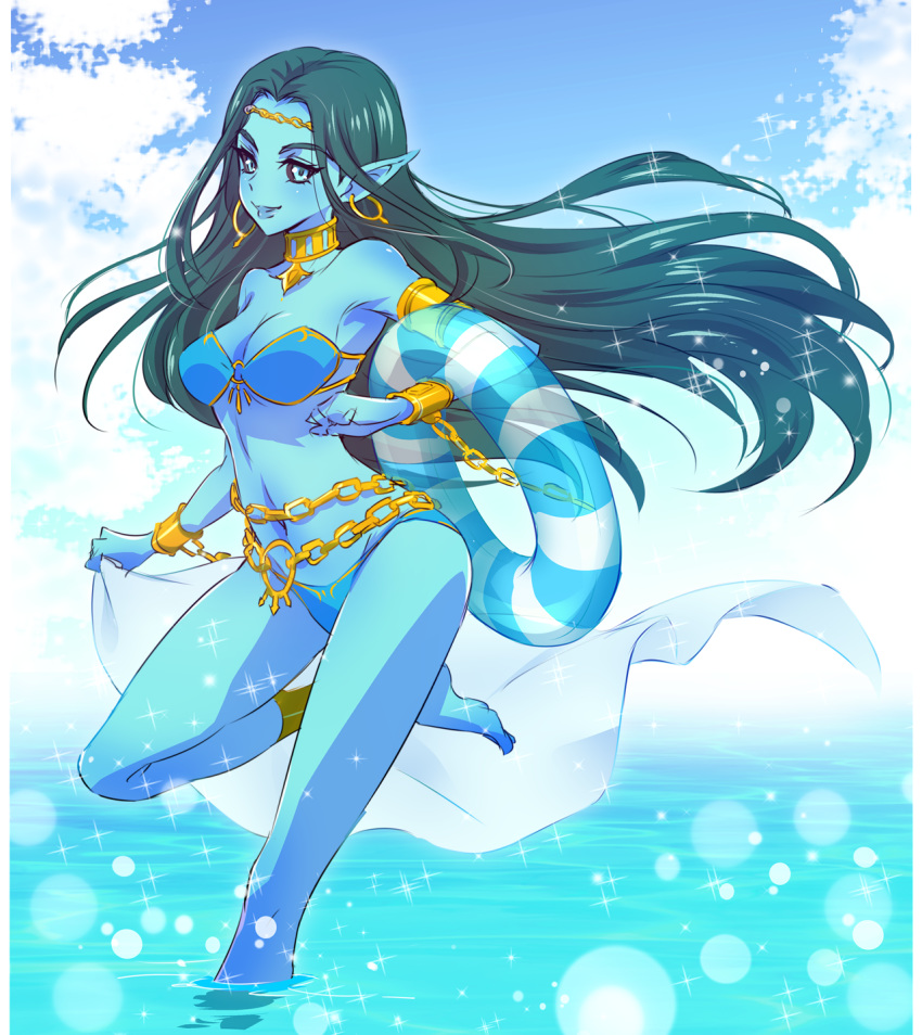 barefoot bikini black_hair black_sclera blue_bikini blue_eyes blue_skin chains colored_sclera colored_skin commentary cuffs earrings female genie highres iesupa jewelry jinn_(rwby) long_hair pointy_ears rwby shackles solo swimsuit water