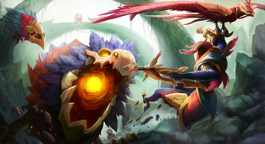 alternate_costume alternate_hair_color animal armor bad_id bad_pixiv_id battle beak bird bowgun crossbow duck facing_away female flying from_behind gameplay_mechanics gauntlets headpiece highres holding holding_weapon hood league_of_legends long_hair monster open_mouth phoenix_quinn photoshop_(medium) pink_hair powering_up quinn_(league_of_legends) rock valor_(league_of_legends) weapon wing_(wingho)