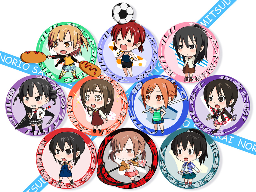 6+girls chibi commentary_request corn_dog dual_wielding holding itou_shiori katou_mayumi kurabayashi_aya marui_futaba marui_hitoha marui_mitsuba matsuoka_sakiko mitsudomoe_(manga) miyashita multiple_girls ogata_airi siblings sisters standing sugisaki_miku translation_request yoshioka_yuki