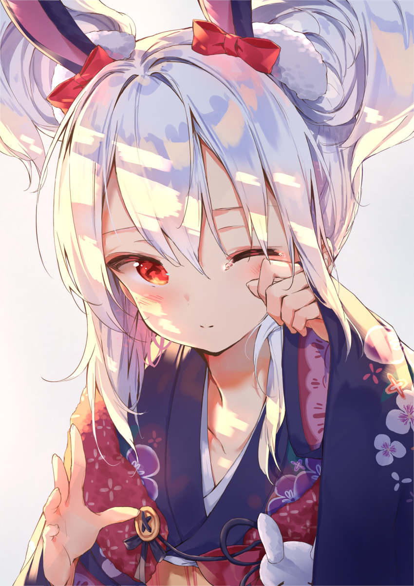 animal_ears arm_up azur_lane blush bow brown_background collarbone commentary_request daitai_sotogawa_(futomomo) double_bun female fingernails floral_print hair_between_eyes hair_bun hairbow hand_up head_tilt highres japanese_clothes kimono laffey_(azur_lane) laffey_(snow_rabbit_and_candy_apple)_(azur_lane) long_hair long_sleeves looking_at_viewer obi official_alternate_costume one_eye_closed print_kimono purple_kimono rabbit_ears red_bow red_eyes sash sidelocks simple_background sleeves_past_wrists solo tears white_hair wide_sleeves wiping_tears