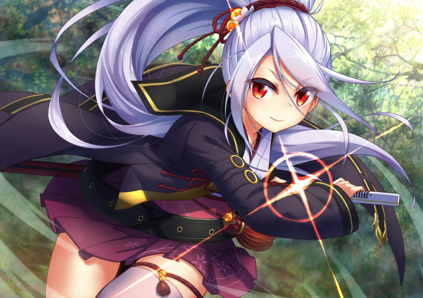 battoujutsu_stance black_jacket breasts commentary_request female fighting_stance flower_knight_girl jacket karatachi_(flower_knight_girl) long_hair looking_at_viewer mizunashi_(second_run) ponytail ready_to_draw red_eyes skirt smile solo sword thighhighs weapon white_hair