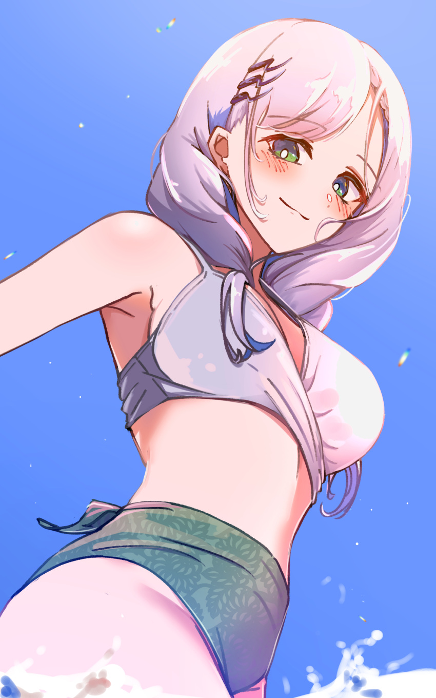 absurdres armpits bikini blush braid braided_bangs breasts chillout_tang female green_eyes hair_ornament hairclip highres hololive hololive_indonesia looking_at_viewer medium_hair navel pavolia_reine simple_background smile solo swimsuit thighs virtual_youtuber white_bikini