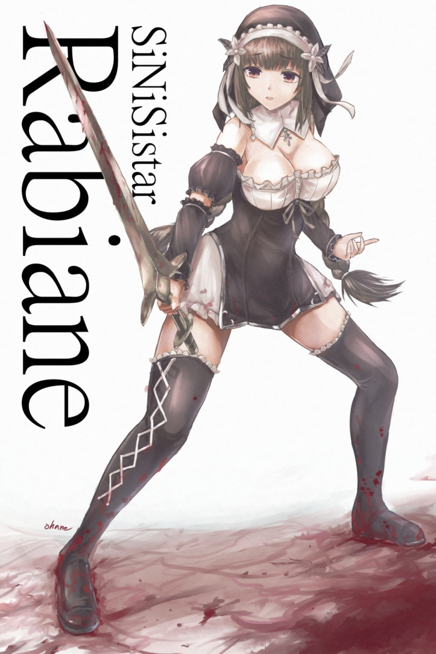 ankh black_dress black_footwear black_hair blood blood_on_clothes blood_on_weapon blood_splatter blunt_bangs boots braid breasts brown_eyes character_name cleavage copyright_name detached_sleeves dress female frilled_dress frilled_sleeves frills full_body habit highres holding holding_sword holding_weapon large_breasts long_hair md5_mismatch nun parted_lips puffy_sleeves rabiane_(sinisistar) resolution_mismatch sakatsu_ohane simple_background sinisistar solo source_smaller sword thigh_boots thighhighs twin_braids veil very_long_hair weapon white_background zettai_ryouiki