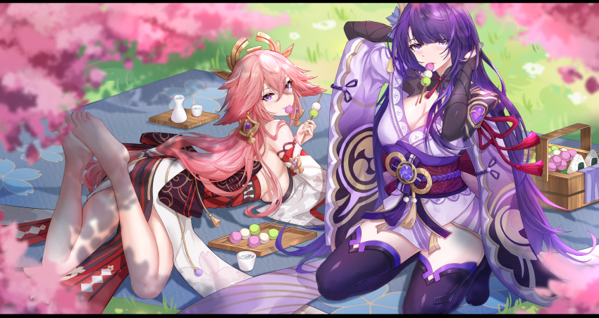 2girls absurdres bare_shoulders barefoot blush breasts bridal_gauntlets bupa_chila commentary crossed_bangs detached_sleeves feet_up food genshin_impact hair_ornament highres japanese_clothes kimono kneeling large_breasts long_hair long_sleeves looking_at_viewer lying mochi mouth_hold multiple_girls on_stomach outdoors pink_hair purple_eyes purple_hair purple_kimono purple_legwear raiden_shogun thighhighs thighs yae_miko