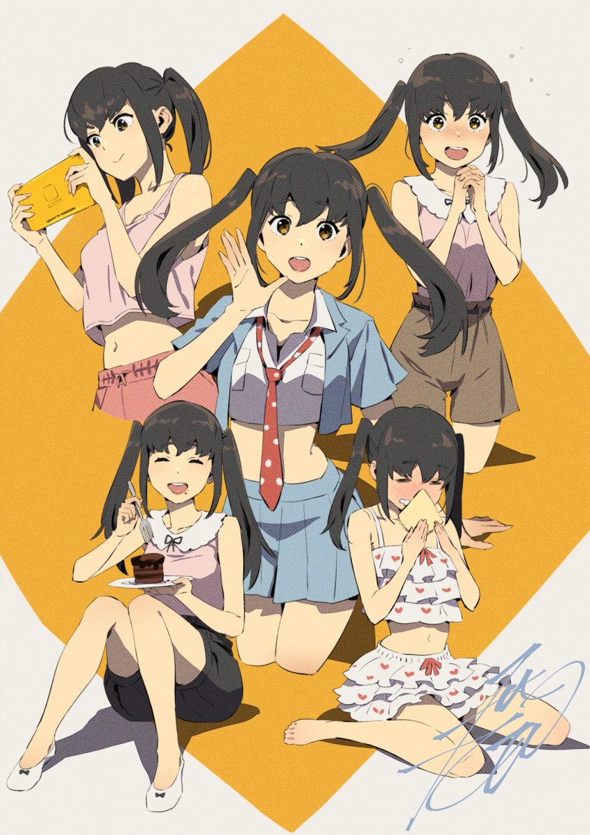 :d ^_^ barefoot bikini black_hair black_shorts blue_shirt blue_skirt blush brown_eyes brown_shorts choppy_bangs closed_eyes collage cropped_legs eating female food food_on_face frilled_bikini frills full_body game_console handheld_game_console highres knees_up kobayashi_gen long_hair looking_at_viewer midriff namori_mana navel necktie open_mouth pants pink_pants pink_shirt pink_tank_top pleated_skirt red_necktie school_girl_strikers shirt shorts sidelocks signature simple_background sitting skirt smile swimsuit tank_top twintails wariza white_bikini white_shirt yellow_eyes