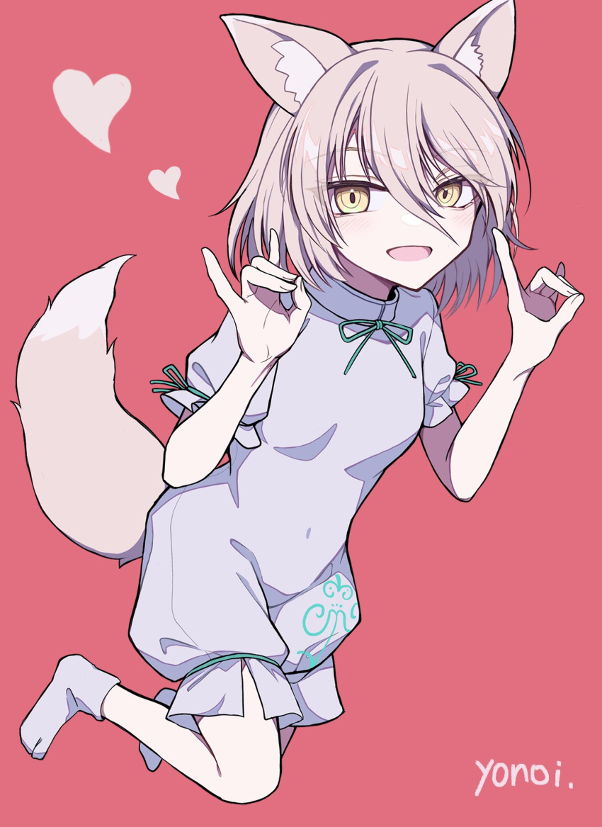 animal_ears artist_name blonde_hair blush bow breasts commentary_request double_fox_shadow_puppet eyes_visible_through_hair female fingernails fox_ears fox_girl fox_shadow_puppet fox_tail green_bow green_ribbons grey_romper grey_socks hair_between_eyes hands_up heart highres kudamaki_tsukasa looking_to_the_side no_shoes open_mouth pink_background puffy_short_sleeves puffy_sleeves ribbon romper short_hair short_sleeves simple_background small_breasts smile socks solo tail touhou white_romper yellow_eyes yonoisan